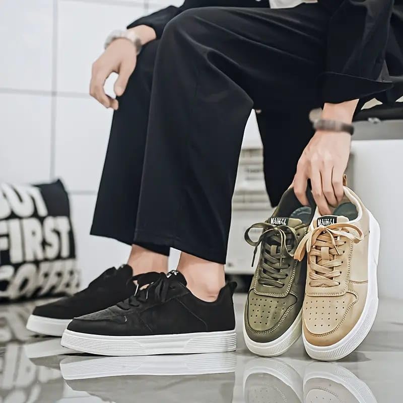 BLUE POP Lace-up Sneakers for Men, Suede Leather, Perforated Design, Beige - Twinle