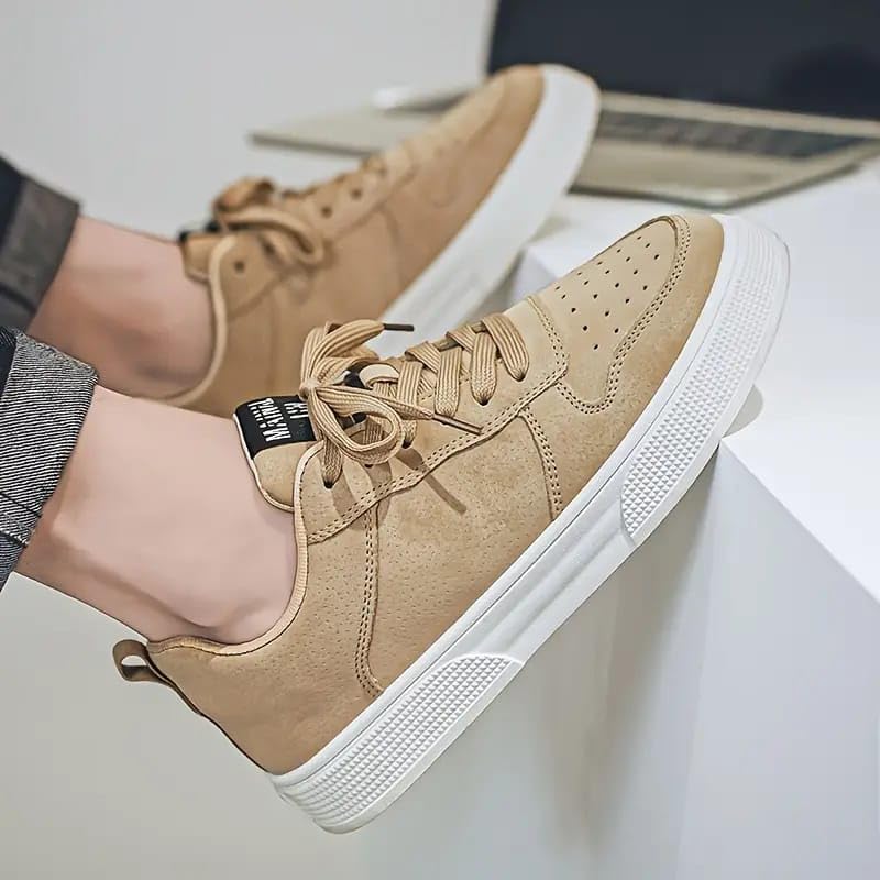 BLUE POP Lace-up Sneakers for Men, Suede Leather, Perforated Design, Beige - Twinle