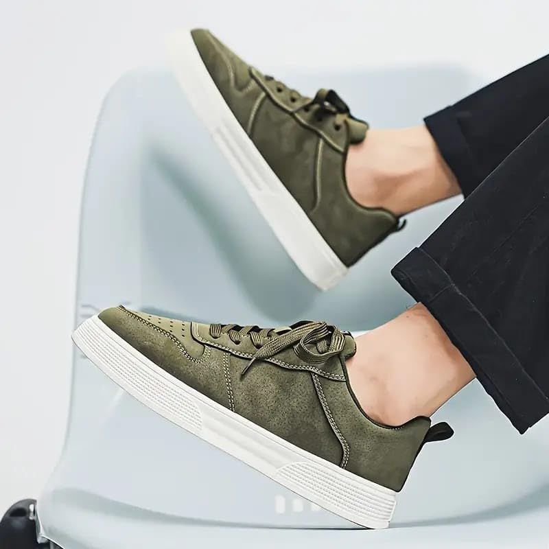 BLUE POP Lace-up Sneakers for Men, Suede Leather, Perforated Design, Beige - Twinle