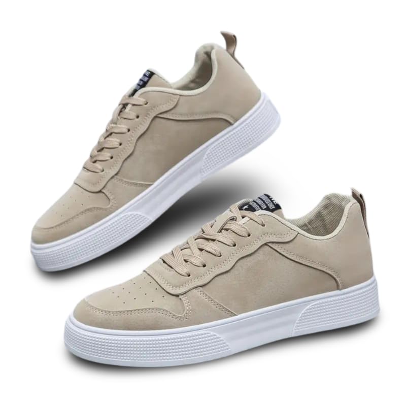 BLUE POP Lace-up Sneakers for Men, Suede Leather, Perforated Design, Beige - Twinle