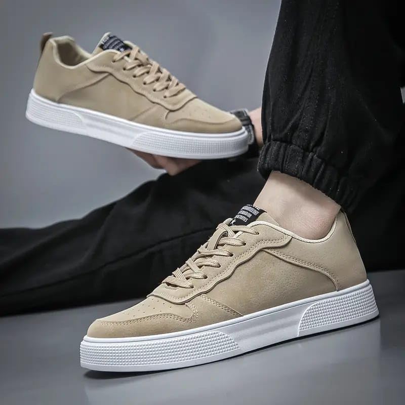 BLUE POP Lace-up Sneakers for Men, Suede Leather, Perforated Design, Beige - Twinle
