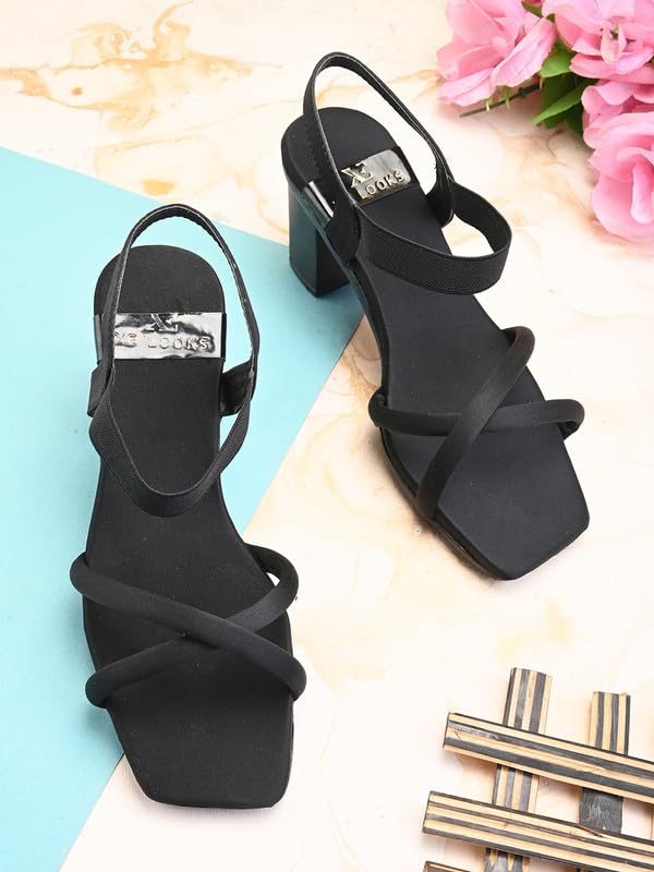 XE Looks Women's Stylish Block Heels | Open-Toe Sandals with Elastic Support | Anti-Skid Sole & Cushioned Footbed Block Heels For Girls