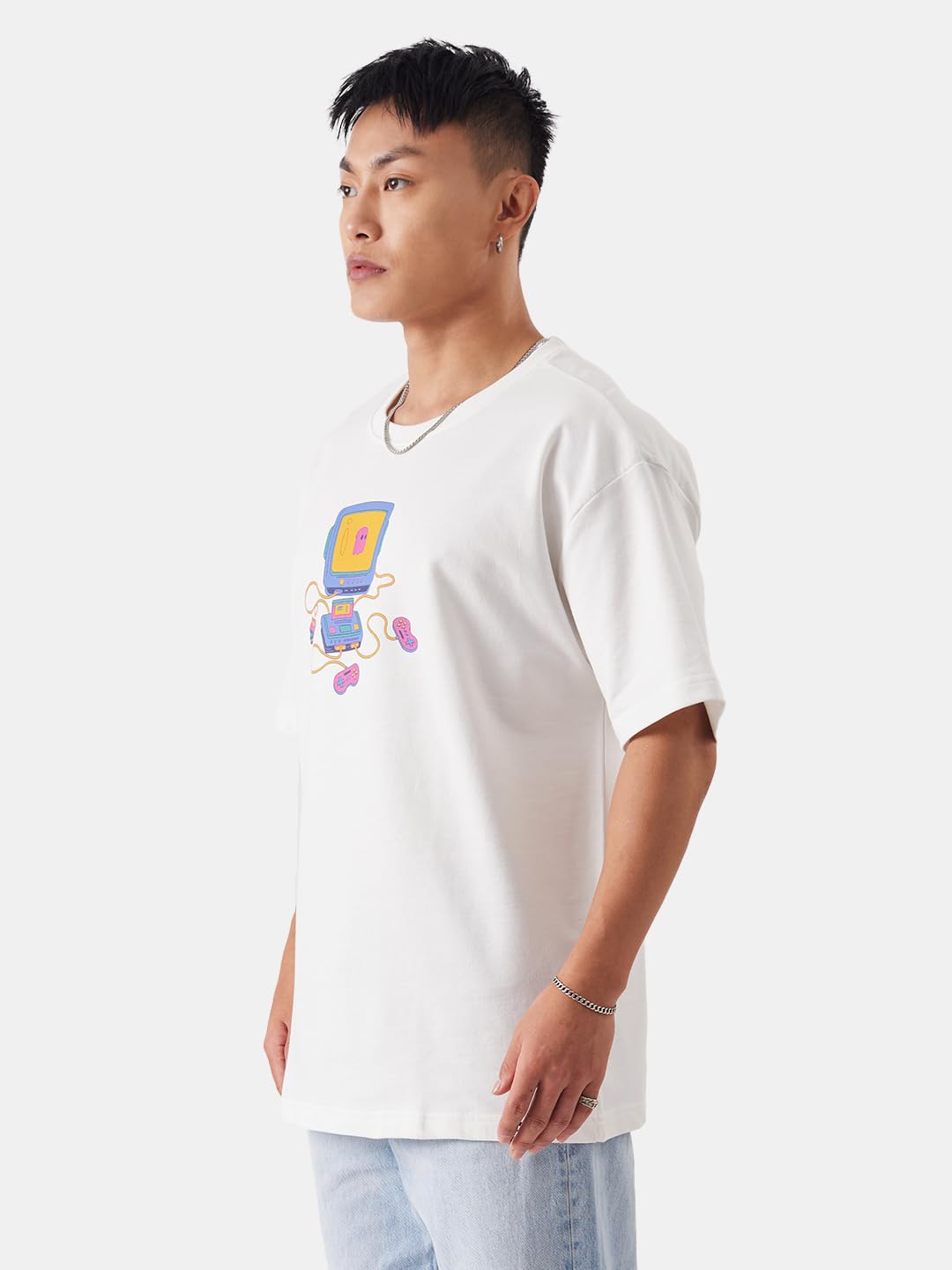 The Souled Store TSS Originals: Retro Gamer Men and Boys Oversized fit Graphic Half Sleeve Cotton White Color Oversized T-Shirts