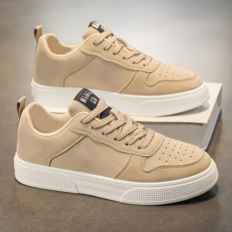 BLUE POP Lace-up Sneakers for Men, Suede Leather, Perforated Design, Beige - Twinle