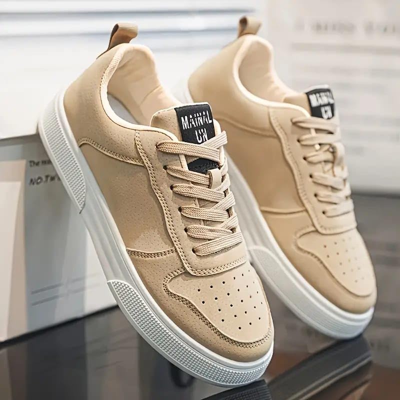 BLUE POP Lace-up Sneakers for Men, Suede Leather, Perforated Design, Beige - Twinle