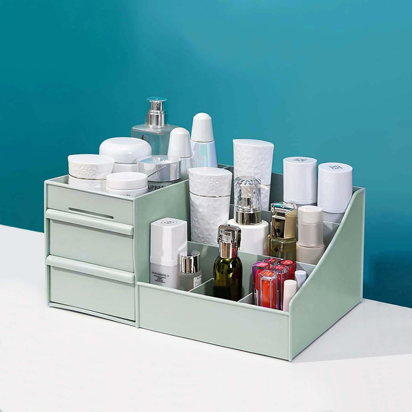 ALOXE Cosmetic Organizer Box | Makeup Storage for Women | Cosmetic Organizer Shelf with Drawers | Stylish Case for Beauty Products White