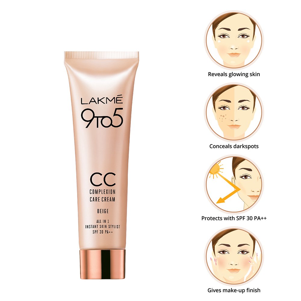 Lakme 9 to 5 CC Cream Mini, 01 - Beige, Light Face Makeup with Natural Coverage, SPF 30 - Tinted Moisturizer to Brighten Skin, Conceal Dark Spots, 9 g