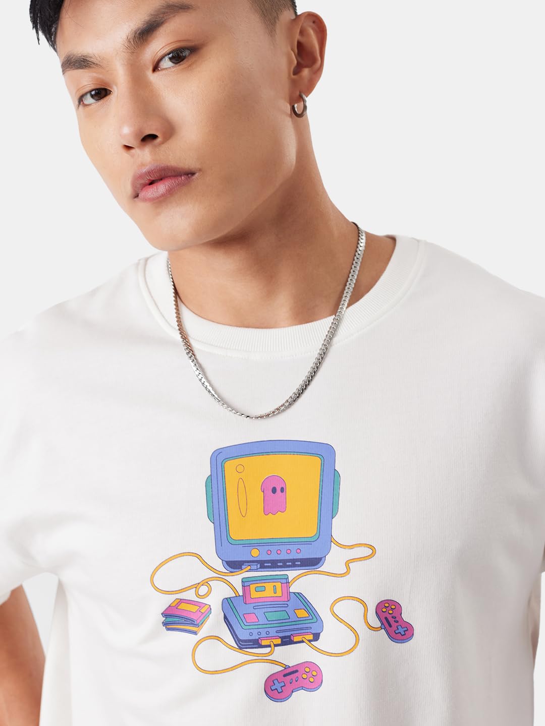 The Souled Store TSS Originals: Retro Gamer Men and Boys Oversized fit Graphic Half Sleeve Cotton White Color Oversized T-Shirts