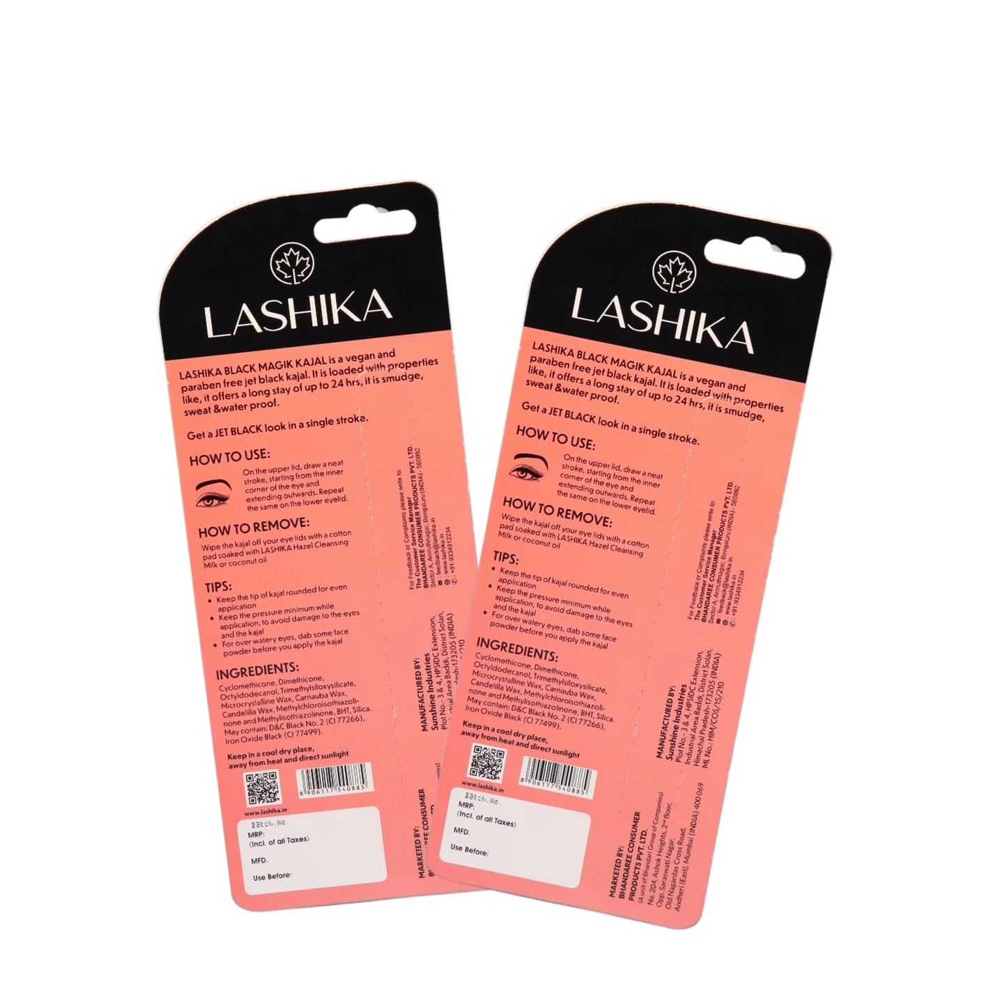 Lashika Vegan Black Magik Kajal | Long Lasting Upto 24 Hours | Sweat, Smudge & WaterProof | No Parabens with Dark Application | 0.27g - Jet Black (Pack of 2)