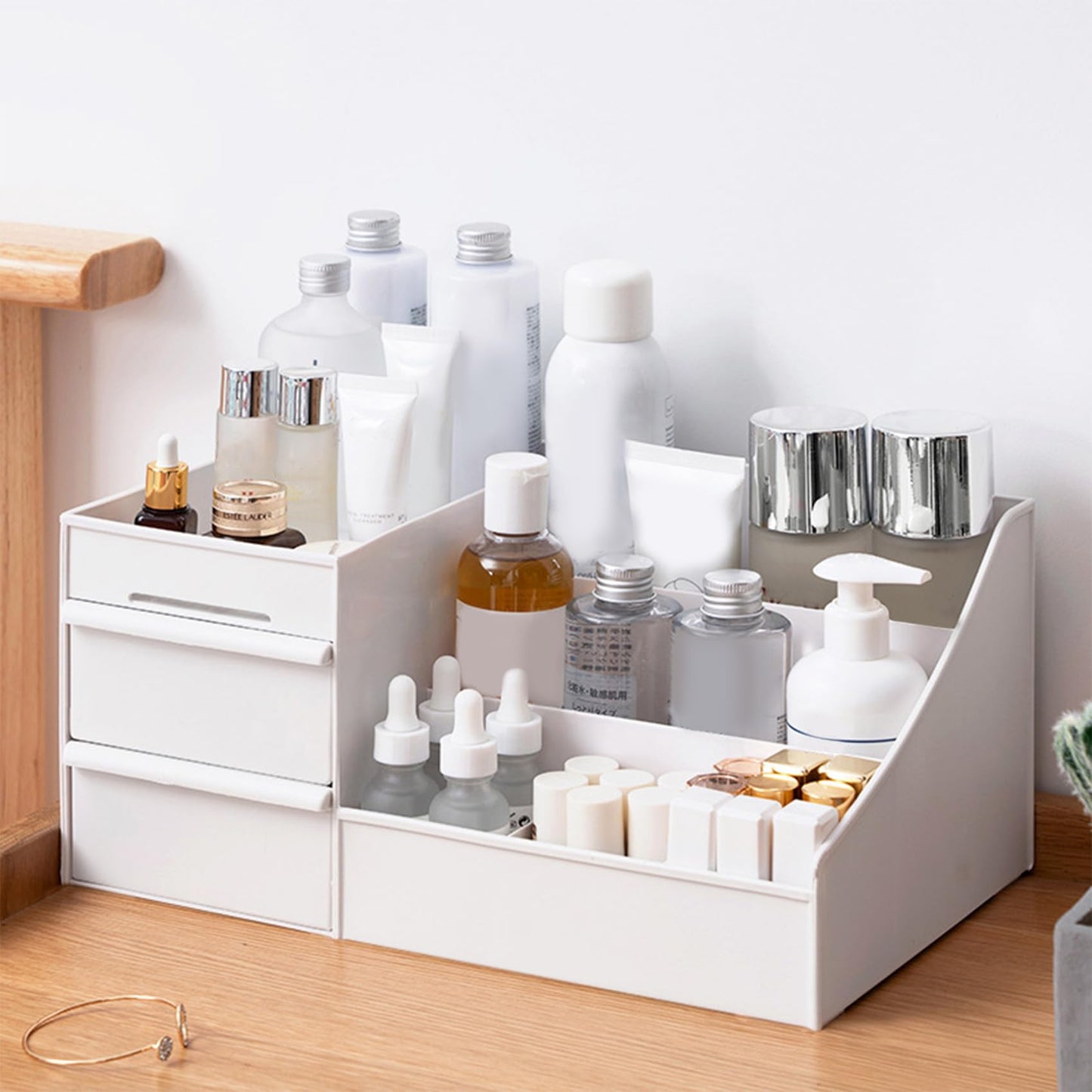 ALOXE Cosmetic Organizer Box | Makeup Storage for Women | Cosmetic Organizer Shelf with Drawers | Stylish Case for Beauty Products White