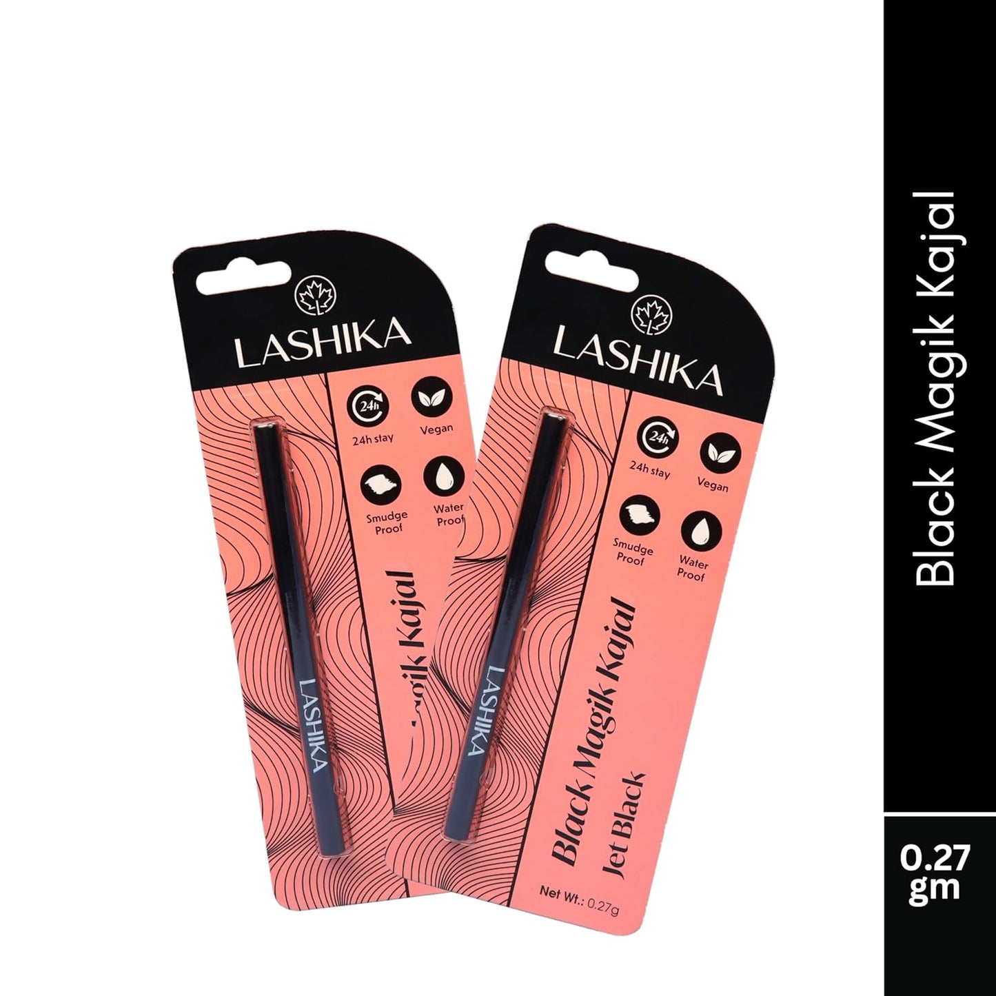 Lashika Vegan Black Magik Kajal | Long Lasting Upto 24 Hours | Sweat, Smudge & WaterProof | No Parabens with Dark Application | 0.27g - Jet Black (Pack of 2)