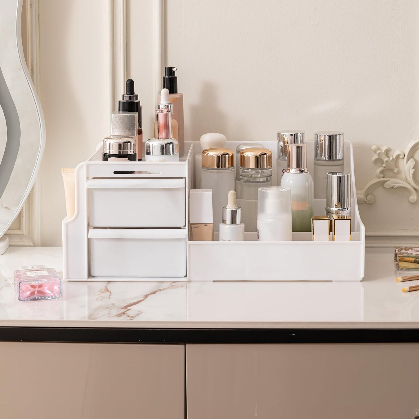 ALOXE Cosmetic Organizer Box | Makeup Storage for Women | Cosmetic Organizer Shelf with Drawers | Stylish Case for Beauty Products White