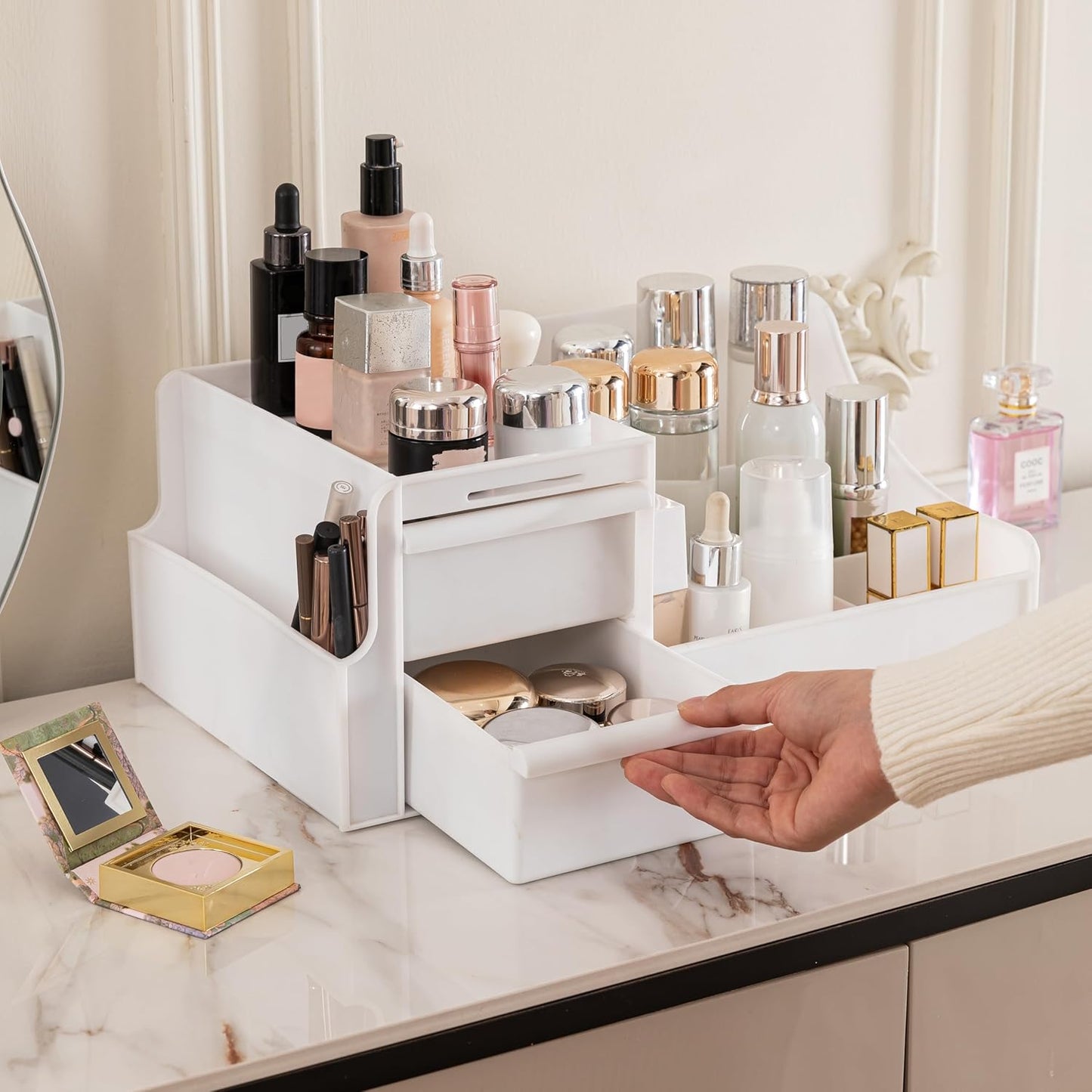 ALOXE Cosmetic Organizer Box | Makeup Storage for Women | Cosmetic Organizer Shelf with Drawers | Stylish Case for Beauty Products White