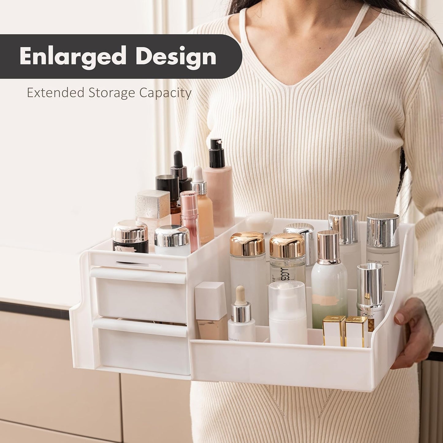 ALOXE Cosmetic Organizer Box | Makeup Storage for Women | Cosmetic Organizer Shelf with Drawers | Stylish Case for Beauty Products White
