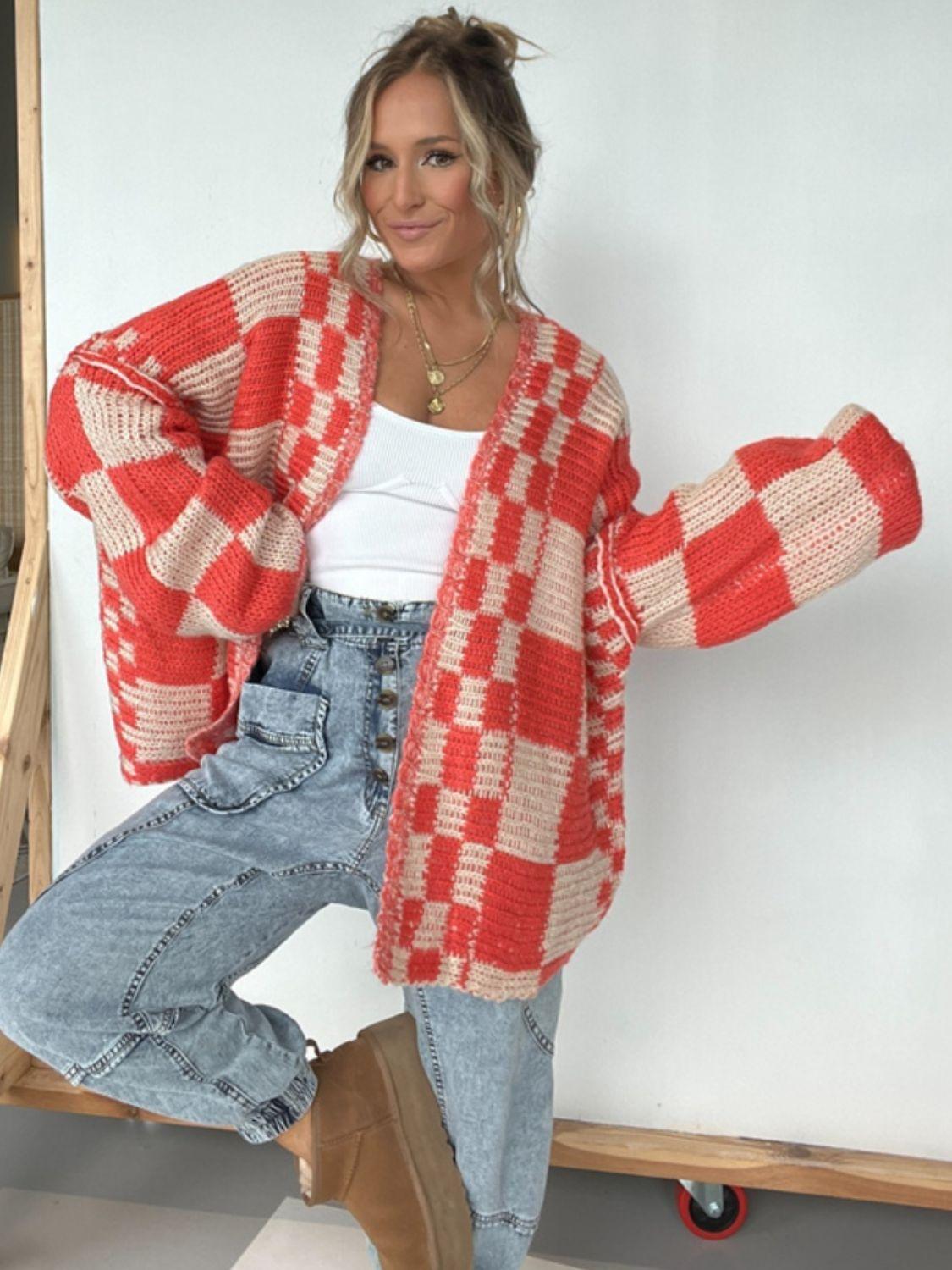 Plaid Open Front Long Sleeve Cardigan