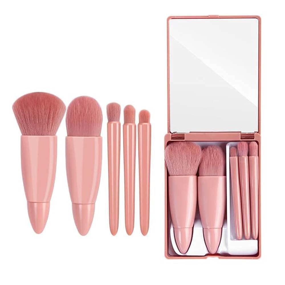 TAMQUSAK 5 in 1 Professional Small Mini Mirror Makeup Brush Kit for Face Eye Shadows Eyeshadow Powder Blush Cosmetic Case Set Cleanser for Women Foundation Travel Brushes for Girl Female