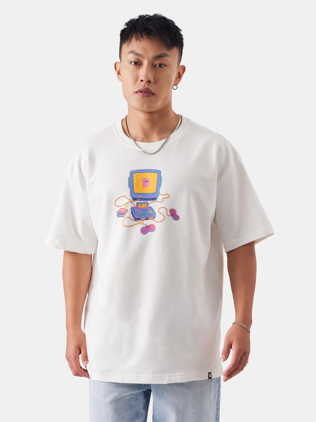 The Souled Store TSS Originals: Retro Gamer Men and Boys Oversized fit Graphic Half Sleeve Cotton White Color Oversized T-Shirts
