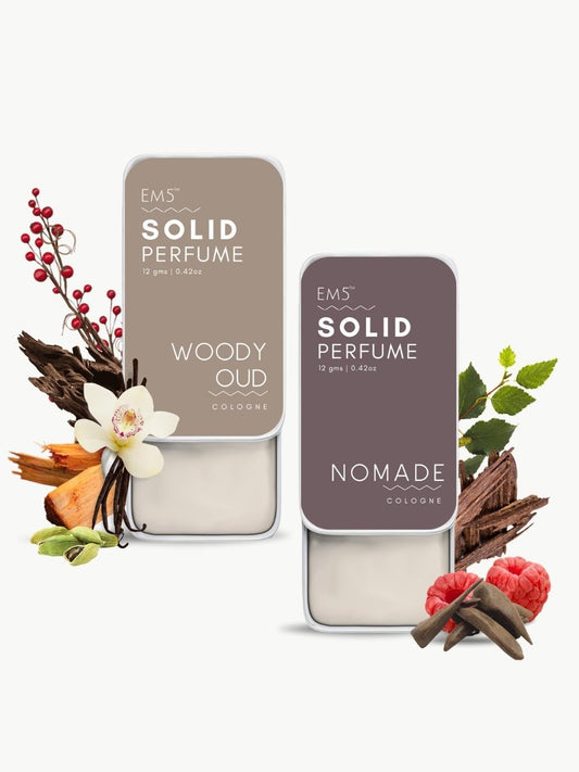 EM5™ Combo Pack of Alcohol Free Solid Perfumes | Woody Oud & Nomade for Men & Women | Non-Greasy Cologne | Strong & Lasting Fragrance | Gifting Pack for Him & Her