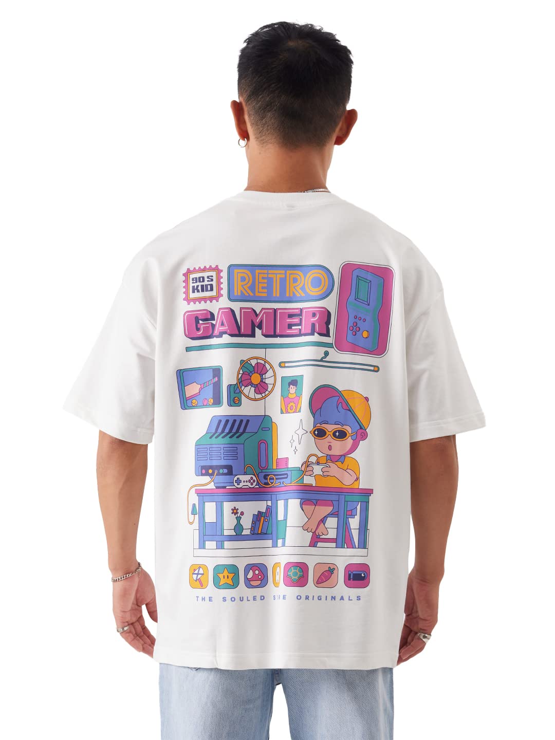 The Souled Store TSS Originals: Retro Gamer Men and Boys Oversized fit Graphic Half Sleeve Cotton White Color Oversized T-Shirts