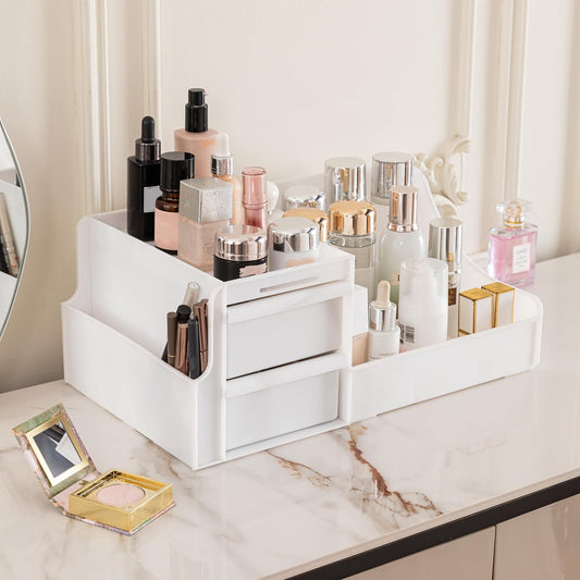 ALOXE Cosmetic Organizer Box | Makeup Storage for Women | Cosmetic Organizer Shelf with Drawers | Stylish Case for Beauty Products White