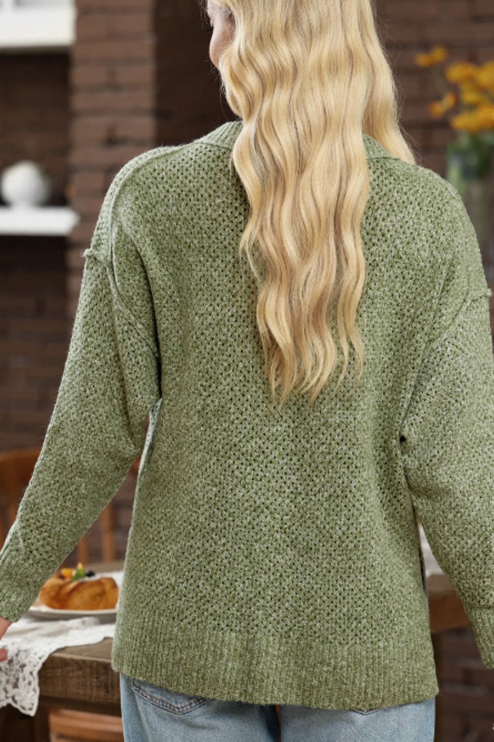 V-Neck Dropped Shoulder Long Sleeve Sweater